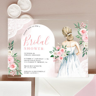 Invitations En Acrylique Robe de mariée en dentelle blanche avec fleurs ros