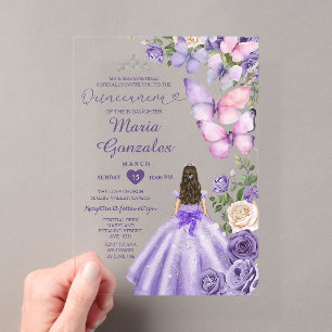Invitations En Acrylique Robe de princesse florale papillon violet Quinceañ