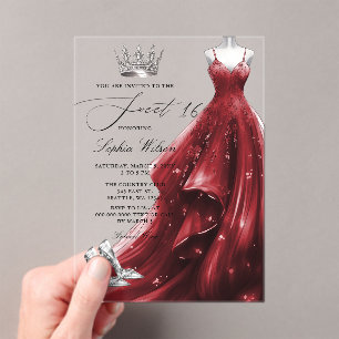 Invitations En Acrylique Robe de princesse rouge argentée Sweet 16