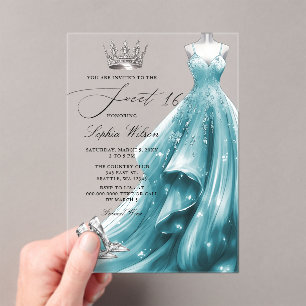 Invitations En Acrylique Robe de princesse sarcelle argentée Sweet 16