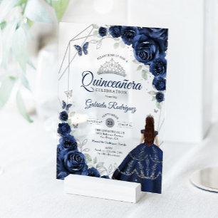 Invitations En Acrylique Robe de Quinceanera bleu marine argent floral