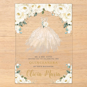 Invitations En Acrylique Robe de Quinceañera Champagne Fleurie Blanc d'Ivoi