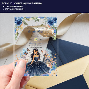 Invitations En Acrylique Robe de Quinceanera en acrylique bleue florale Qui