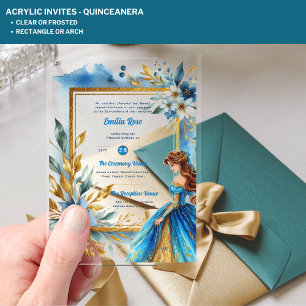 Invitations En Acrylique Robe de Quinceanera en acrylique sarcelle or flora