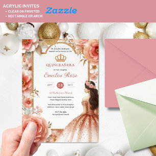 Invitations En Acrylique Robe de Quinceañera Rose Doré Pêche Fleurie Quince