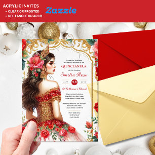 Invitations En Acrylique Robe de Quinceañera Rouge Or Fleurs Mis Quince