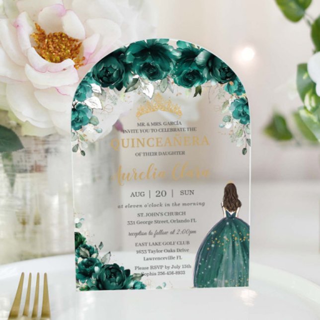 Invitations En Acrylique Robe de Quinceañera verte émeraude florale avec ar (emerald-green-floral-flowers-princess-dress-gown-quinceanera-sweet-sixteen-birthday-acrylic-invite)