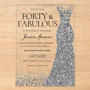 Invitations En Acrylique Robe d'étincelle en argent 40e fête d'anniversaire
