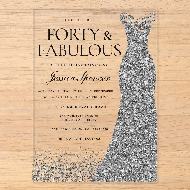 Invitations En Acrylique Robe d'étincelle en argent 40e fête d'anniversaire (Recto)