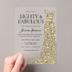 Invitations En Acrylique Robe d'or Fêtes de 80e anniversaire