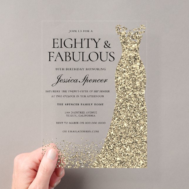 Invitations En Acrylique Robe d'or Fêtes de 80e anniversaire (In situ (ordinateur de poche))