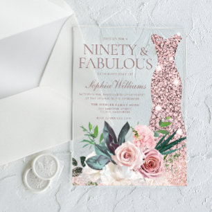 Invitations En Acrylique Robe d'or rose Blush Floral Womans 90e anniversair