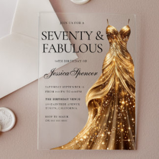 Invitations En Acrylique Robe dorée Champagne 70 & Fabuluseux 70e anniversa
