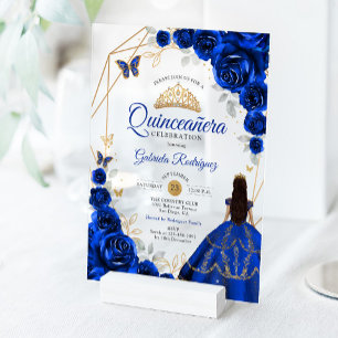 Invitations En Acrylique Robe dorée et bleu royal pour Quinceanera