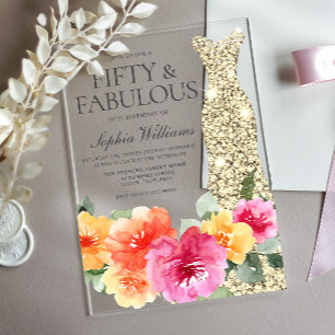 Invitations En Acrylique Robe dorée florale botanique pour fête d'anniversa