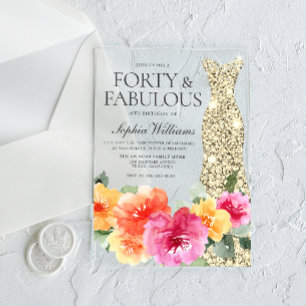 Invitations En Acrylique Robe dorée florale botanique pour fête d'anniversa