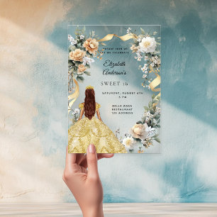 Invitations En Acrylique Robe dorée Sweet 16 fleurs jaunes transparentes