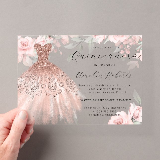 Invitations En Acrylique Robe Élégante Rose or Quinceanera (In situ (ordinateur de poche))