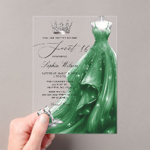 Invitations En Acrylique Robe émeraude argentée Princesse Douce 16