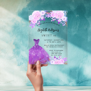 Invitations En Acrylique Robe fleurs rose violet Sweet 16 transparente