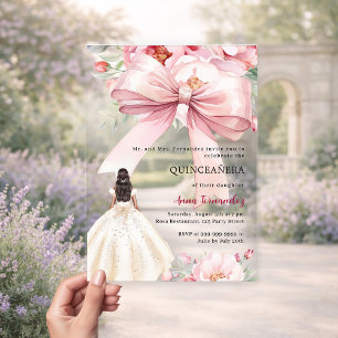 Invitations En Acrylique Robe florale à noeud rose blush Quinceanera claire