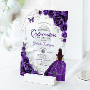 Invitations En Acrylique Robe florale argentée violette pour Quinceanera