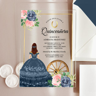 Invitations En Acrylique Robe florale bleu marine Charro Gold Quinceanera