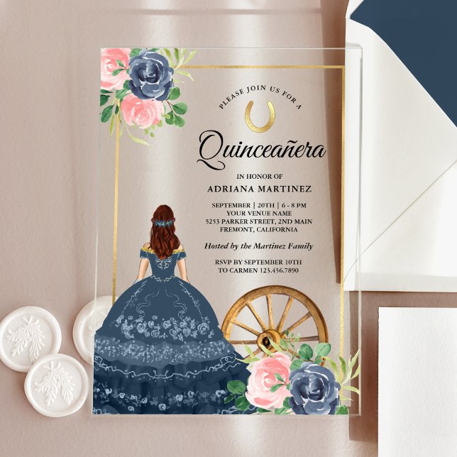 Invitations En Acrylique Robe florale bleu marine Charro Gold Quinceanera (Créateur téléchargé)