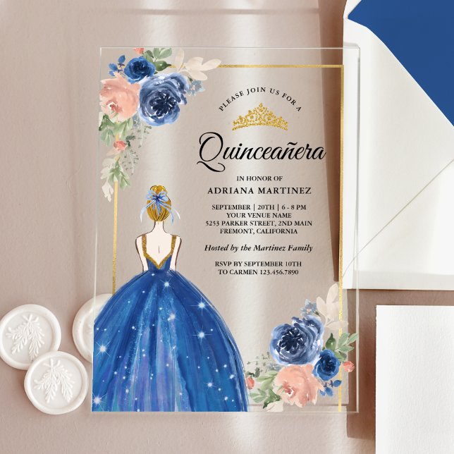 Invitations En Acrylique Robe Florale Bleue Royale Princesse Gold Quinceane (Créateur téléchargé)