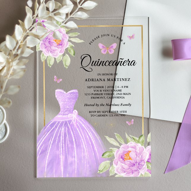 Invitations En Acrylique Robe florale lavande papillon Or Quinceanera (Créateur téléchargé)
