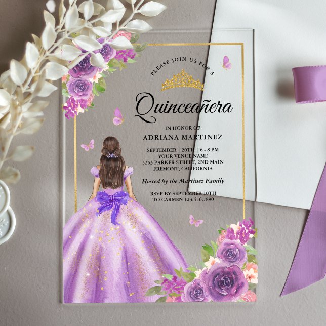 Invitations En Acrylique Robe florale lavande papillon Or Quinceanera (Créateur téléchargé)