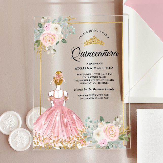 Invitations En Acrylique Robe florale rose pâle Princesse Quinceanera Or (Créateur téléchargé)