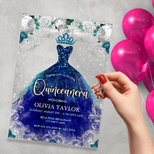 Invitations En Acrylique Robe florale sarcelle bleu royal chic pour Quincea