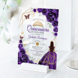 Invitations En Acrylique Robe florale violette pour Quinceanera en or