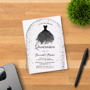 Invitations En Acrylique Robe Parties scintillant en argent noir Quinceañer