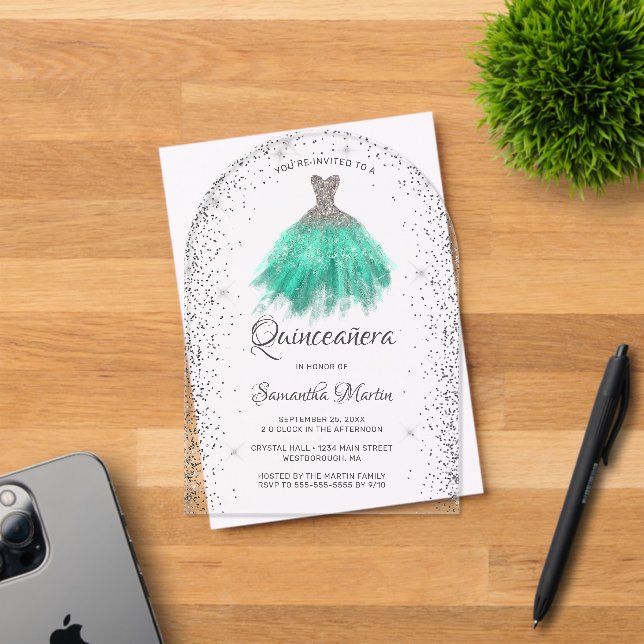 Invitations En Acrylique Robe Parties scintillant Silver Aqua Quinceañera P (Insitu (Carte d'invitation))