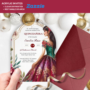 Invitations En Acrylique Robe Quinceañera Bourgogne Rouge Vert Or Quince