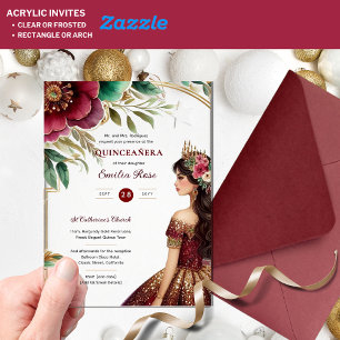Invitations En Acrylique Robe Quinceañera Bourgogne Rouge Vert Or Quince