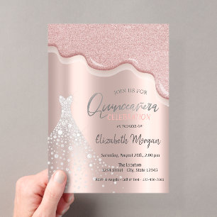 Invitations En Acrylique Robe Quinceañera Diamonds Drips Pailletées