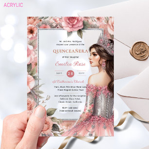 Invitations En Acrylique Robe Quinceañera Roses Roses Fushia Argenté Quince