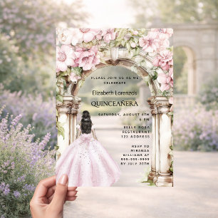 Invitations En Acrylique Robe rose florales arche claire Quinceanera