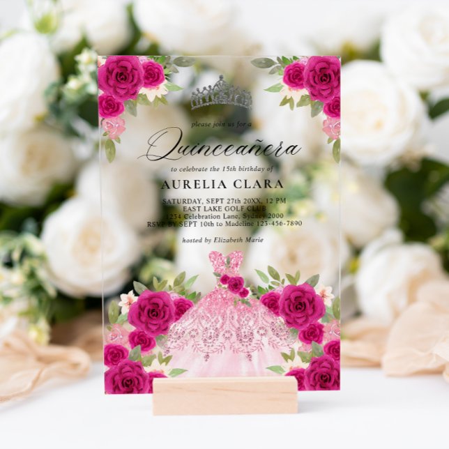 Invitations En Acrylique Robe rose magenta argent 15e Quinceañera (Créateur téléchargé)