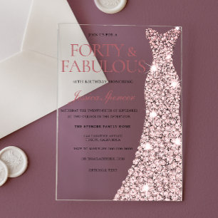 Invitations En Acrylique Robe rose or étincelle 40e anniversaire