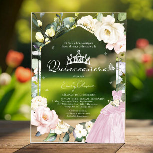 Invitations En Acrylique Robe rose papillon Floral Quinceañera espagnol