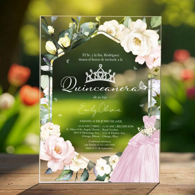 Invitations En Acrylique Robe rose papillon Floral Quinceañera espagnol (Créateur téléchargé)