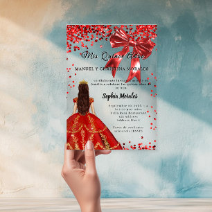 Invitations En Acrylique Robe rouge de Quinceanera avec nœud en acrylique c