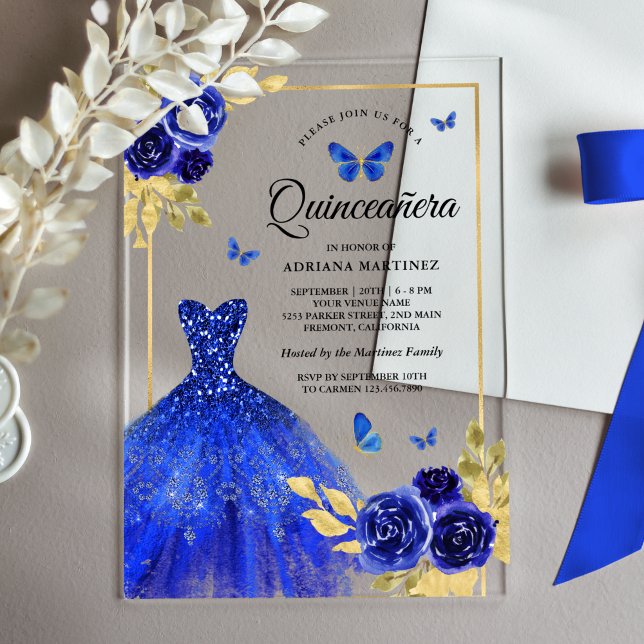 Invitations En Acrylique Robe Royal Bleue Florale Papillon Or Quinceanera (Créateur téléchargé)