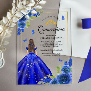 Invitations En Acrylique Robe royale bleu florale papillon Quinceanera