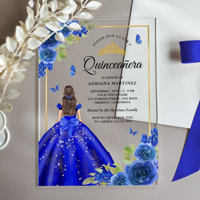 Invitations En Acrylique Robe royale bleu florale papillon Quinceanera (Créateur téléchargé)
