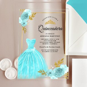Invitations En Acrylique Robe scintillante Aqua Bleu Floral Or Quinceanera